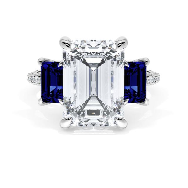 Emerald 3-Stone Engagement Ring in Blue Sapphire