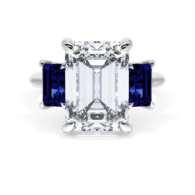Emerald 3-Stone Engagement Ring in Blue Sapphire