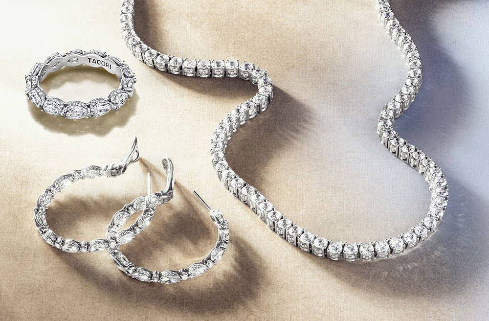 classic crescent royalt necklace, hoop earrings and eternity band