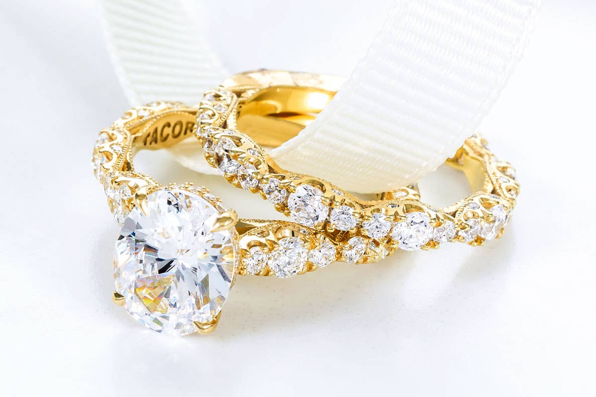 Close up of Tacori's Petite Crescent bridal rings