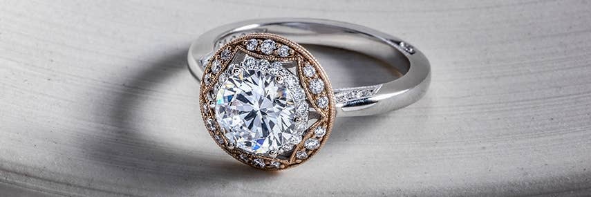 Vintage inspired Tacori engagement ring close up